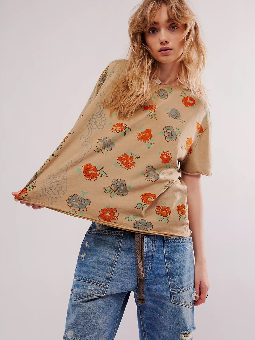 Free People We The Free Nina Boheme Printed Tee Oversized | Tan Floral | Small